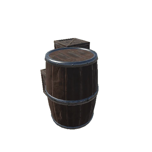 Wooden boxes and barrel